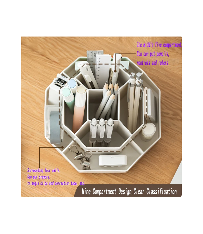 Large Capacity Rotating Pen Holder - Multi-Functional Desk Organizer