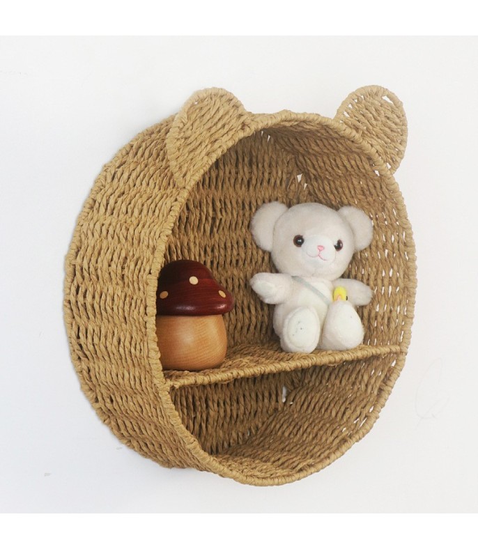 Light Brown Cat Ear Woven Storage Basket 32 × 30 cm – Wall-Mounted Organizer