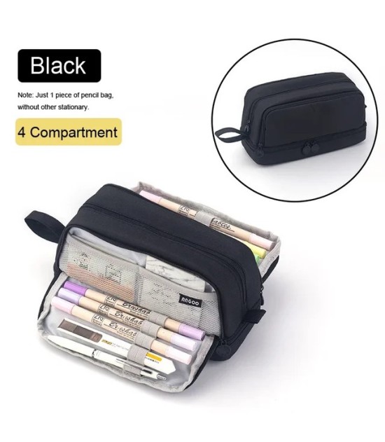 Black Multi-Compartment Pencil Case - Large Capacity Stationery Storage Bag