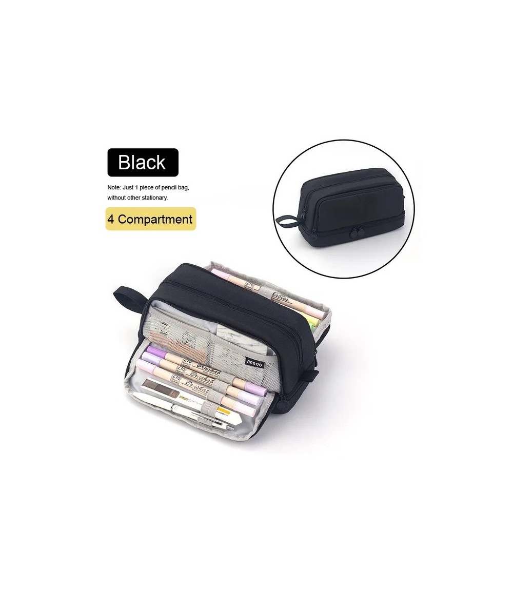 Black Multi-Compartment Pencil Case - Large Capacity Stationery Storage Bag