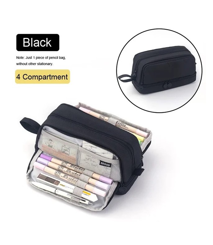 Black Multi-Compartment Pencil Case - Large Capacity Stationery Storage Bag