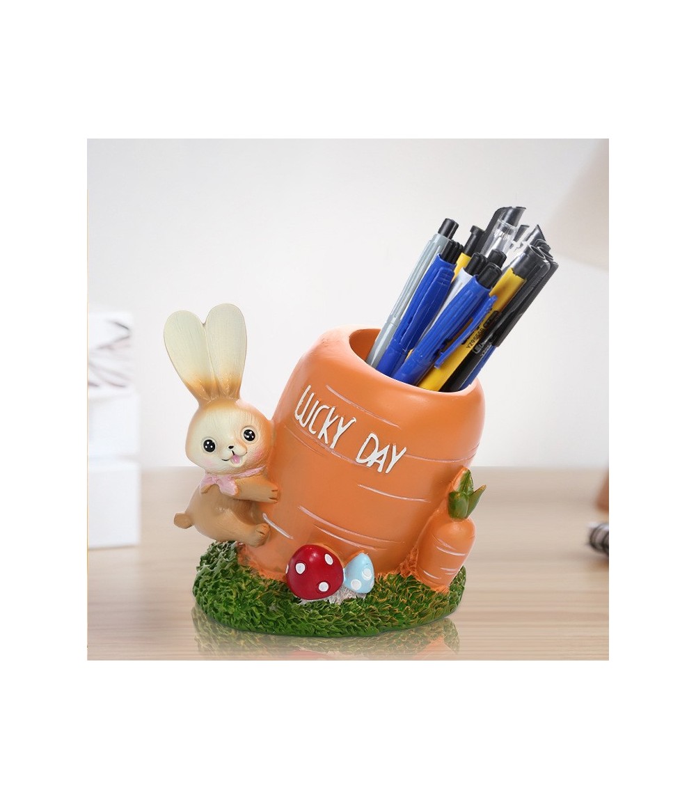 Rabbit & Carrot Resin Pen Holder - Cute Desktop Organizer For Office