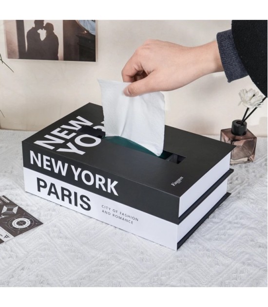 Black And White Book Style Tissue Box Cover 26.5 x 17 x 9.5 cm - Decorative Napkin Holder For Office