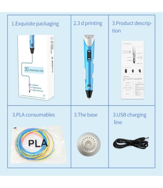Light Blue And White 3D Printing Pen For Kids & Adults 17cm - Smart DIY Drawing Pen With Filament