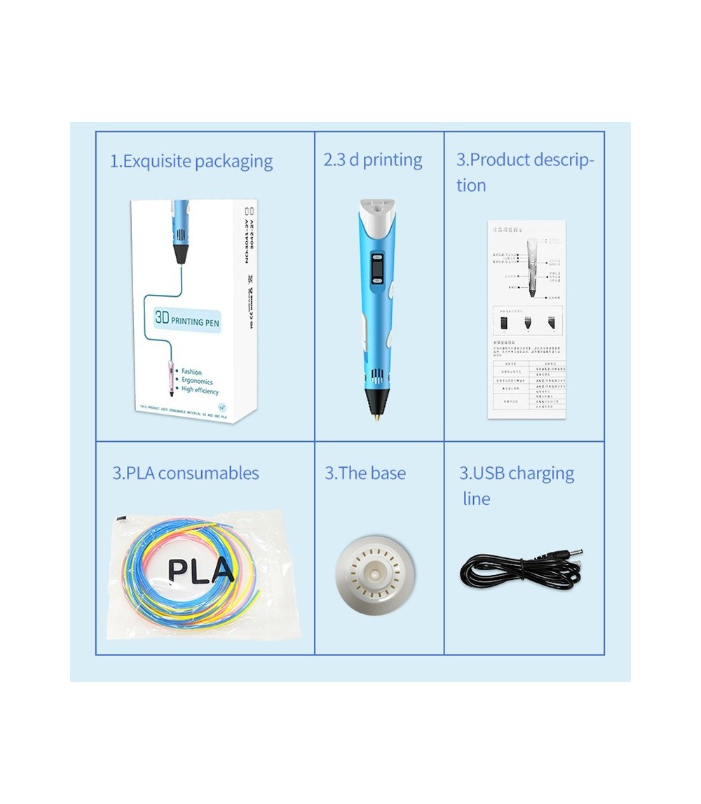 Light Blue And White 3D Printing Pen For Kids & Adults 17cm - Smart DIY Drawing Pen With Filament